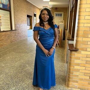 David's Bridal Blue Ruched Off-Shoulder Prom Dress